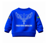 Blusa Moletom Infantil Bebê Gola Careca Azul Tema Força Aérea Brasileira FAB Personalizado com Nome