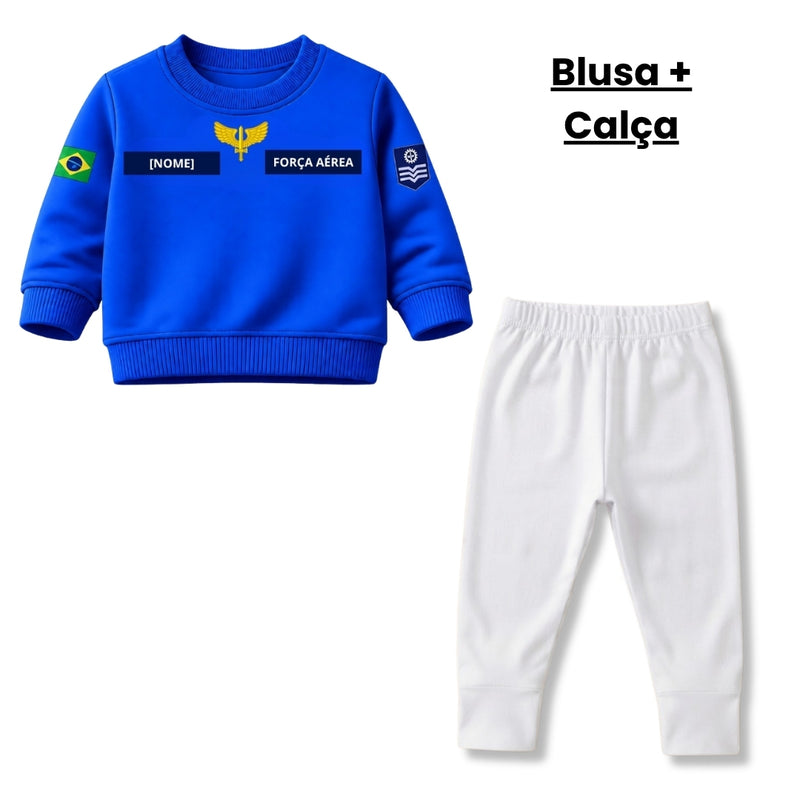 Blusa Moletom Infantil Bebê Gola Careca Azul Tema Força Aérea Brasileira FAB Personalizado com Nome