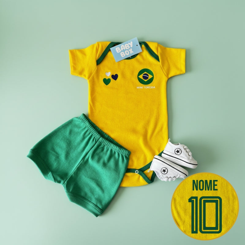 Conjunto Brasil Amarelo e Verde Personalizado Com Body, Tênis e Shorts
