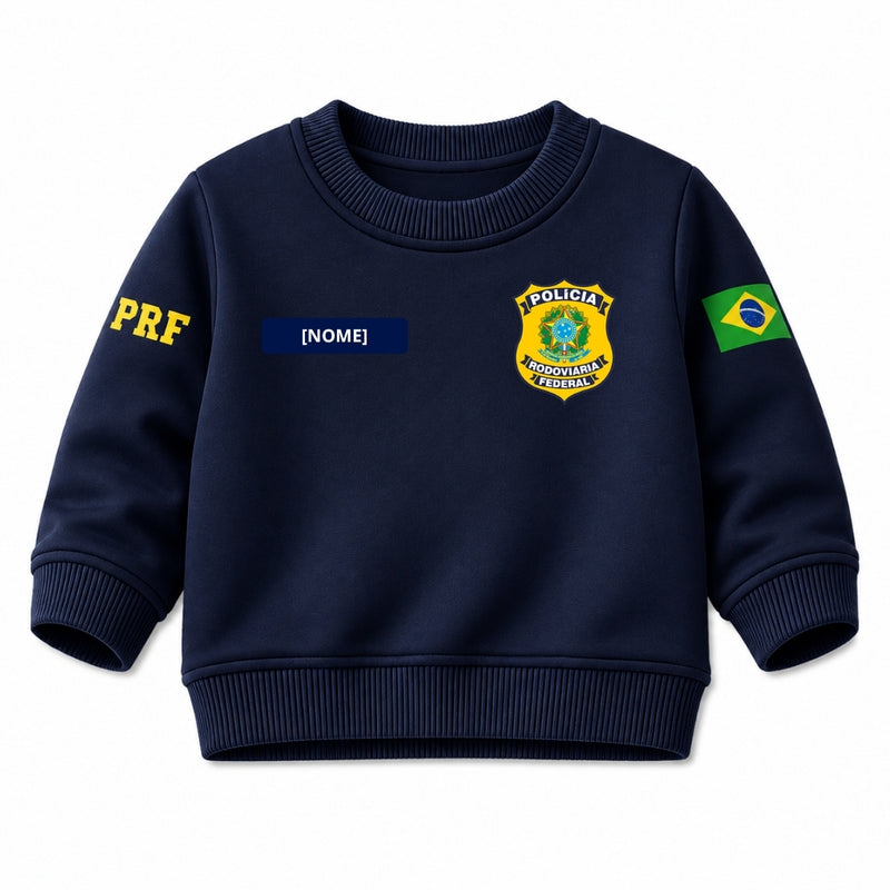 Blusa Moletom Infantil Bebê Gola Careca Marinho Tema PRF Polícia Rodoviária Federal Personalizado com Nome