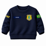 Blusa Moletom Infantil Bebê Gola Careca Marinho Tema PRF Polícia Rodoviária Federal Personalizado com Nome