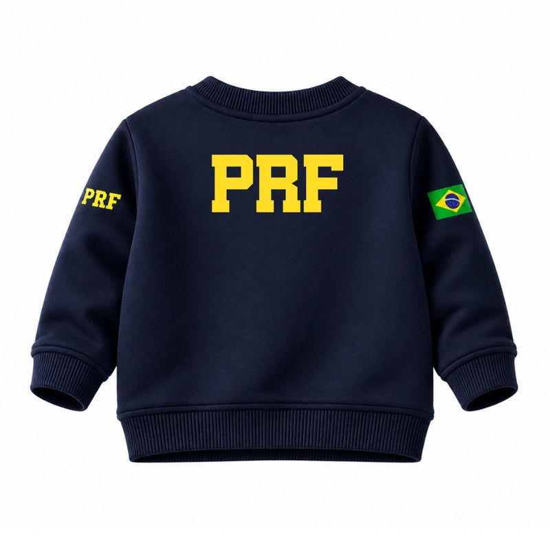 Blusa Moletom Infantil Bebê Gola Careca Marinho Tema PRF Polícia Rodoviária Federal Personalizado com Nome