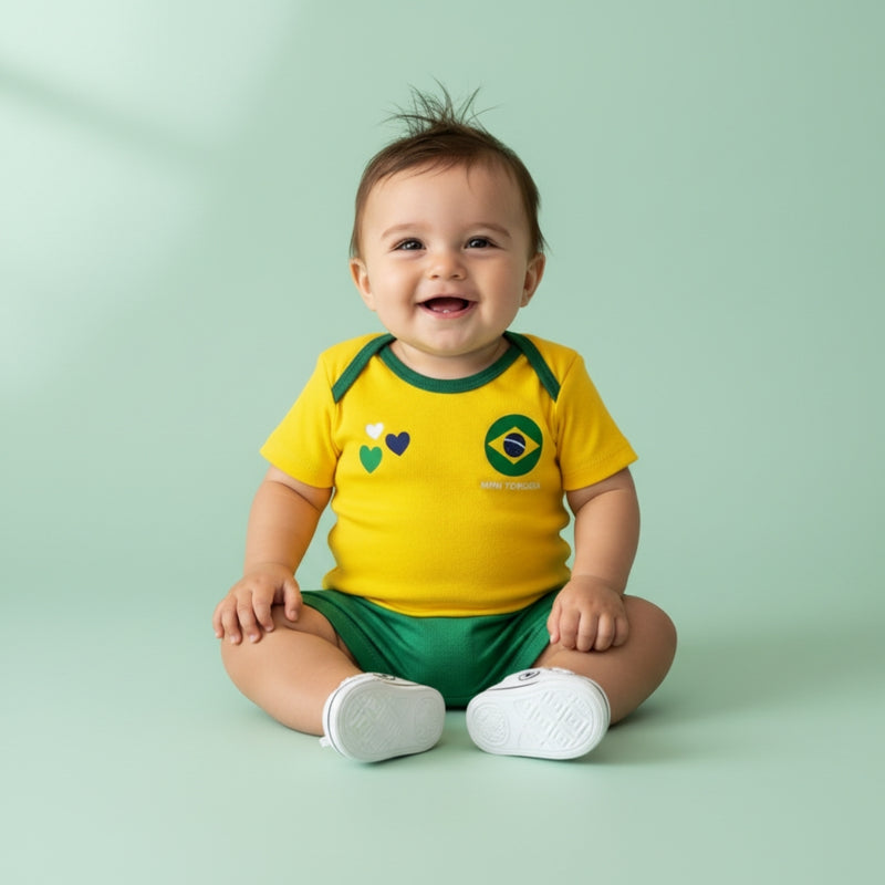 Conjunto Brasil Amarelo e Verde Personalizado Com Body, Tênis e Shorts