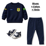 Blusa Moletom Infantil Bebê Gola Careca Marinho Tema PRF Polícia Rodoviária Federal Personalizado com Nome