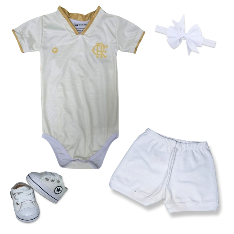 Kit Luxo Body Dourado UV Flamengo Com Tênis, Shorts/Calça e Laço