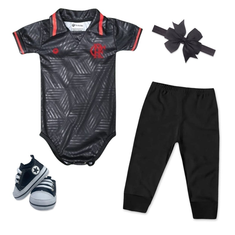 Kit Luxo Body Preto UV Flamengo Com Tênis, Shorts/Calça e Laço