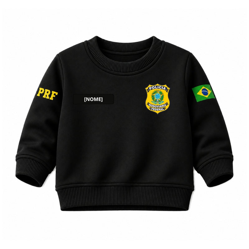 Blusa Moletom Infantil Bebê Gola Careca Preto Tema PRF Polícia Rodoviária Federal Personalizado com Nome