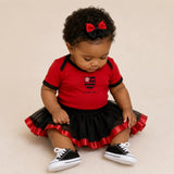 Kit Luxo Body Bebê Vermelho Flamengo Menina – Saia, Tênis e Laço