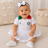 Kit Luxo Body Bebê Oficial Proteção UV Branco Gola Verde e Vermelha Palmeiras Menina – Saia, Tênis e Laço