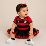 Kit Luxo Body Bebê Oficial Proteção UV Listrado Flamengo Menina – Saia, Tênis e Laço