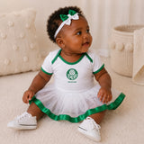 Kit Luxo Body Bebê Branco Palmeiras Menina – Saia, Tênis e Laço