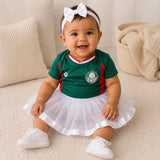 Kit Luxo Body Bebê Oficial Proteção UV Verde e Vermelho Palmeiras Menina – Saia, Tênis e Laço