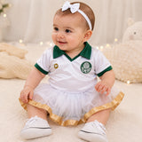 Kit Luxo Body Bebê Oficial Proteção UV Branco e Verde Palmeiras Menina – Saia, Tênis e Laço