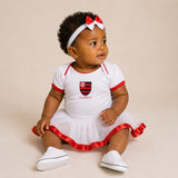 Kit Luxo Body Bebê Branco Flamengo Menina – Saia, Tênis e Laço
