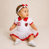 Kit Luxo Body Bebê Polo Flamengo Menina – Saia, Tênis e Laço