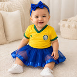 Kit Luxo Body Bebê Oficial Proteção UV Amarelo Palmeiras Menina – Saia, Tênis e Laço