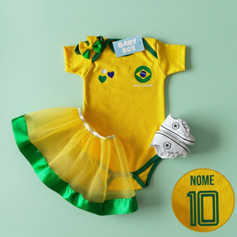 Kit Luxo Body Personalizado Brasil Amarelo e Verde Com Tênis, Saia e Laço