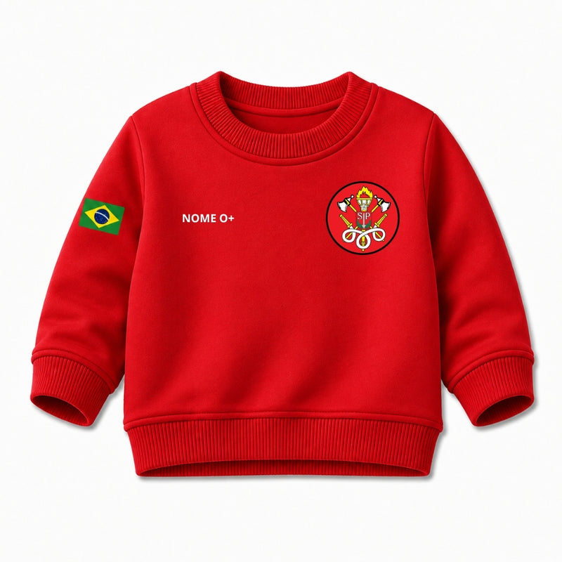 Blusa Moletom Infantil Bebê Gola Careca Vermelho Tema Corpo de Bombeiros Personalizado com Nome