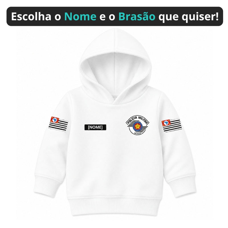 Blusa Moletom Infantil Bebê Com Capuz Branco Tema Polícia Militar PM Personalizado com Nome