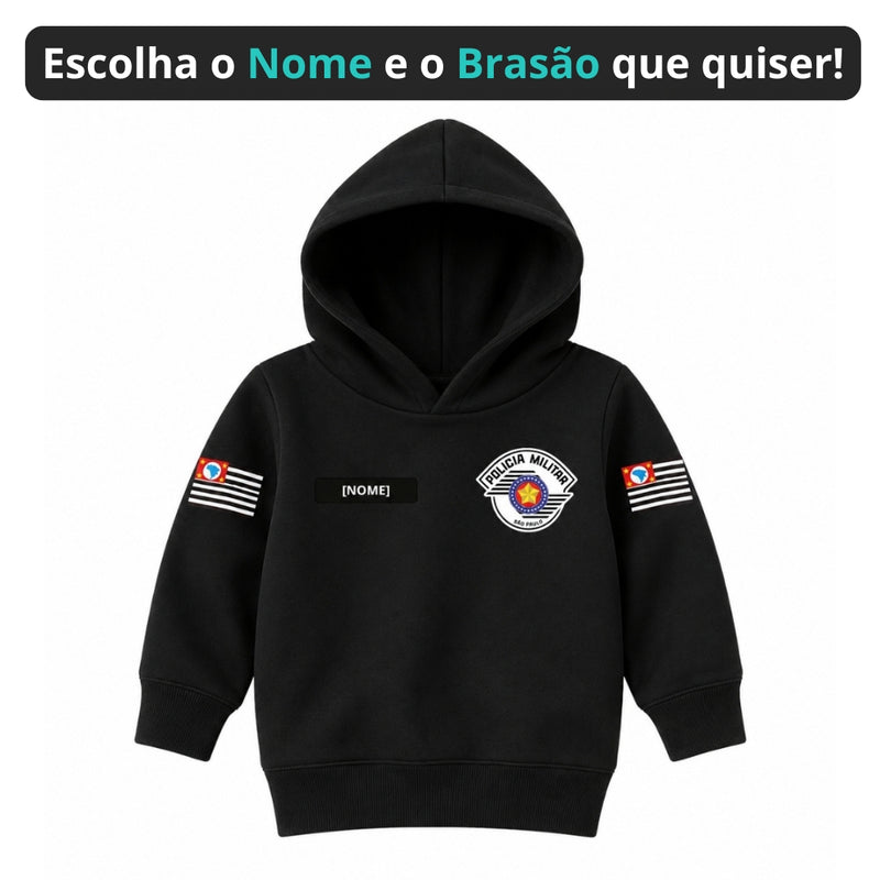 Blusa Moletom Infantil Bebê Com Capuz Preto Tema Polícia Militar PM Personalizado com Nome