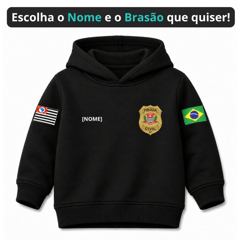 Blusa Moletom Infantil Bebê Com Capuz Preto Tema Polícia Civil PC Personalizado com Nome