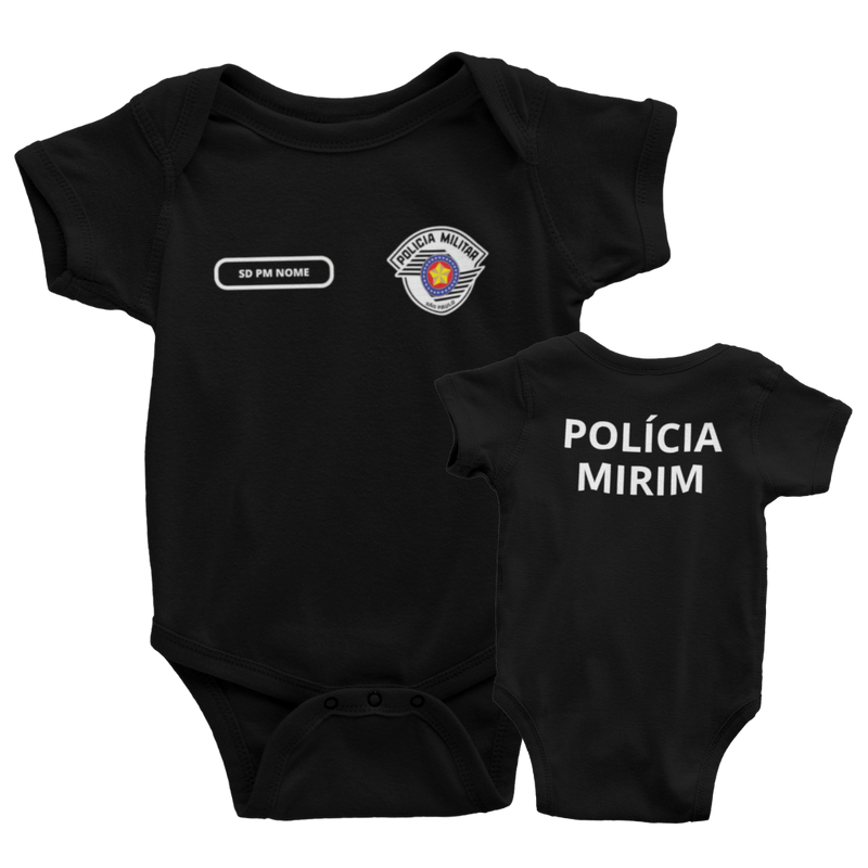 Body Bebê Preto da PM Polícia Militar Personalizado com Nome e Brasão do Estado