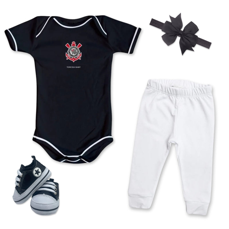 Kit Luxo Body Preto Corinthians Com Shorts/Calça e Laço