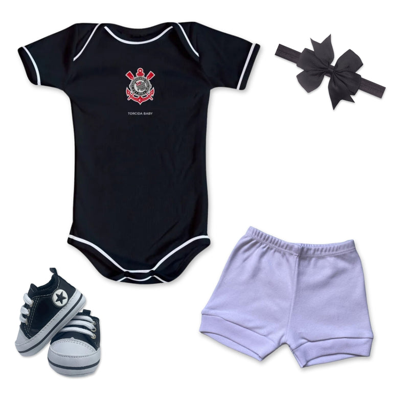 Kit Luxo Body Preto Corinthians Com Shorts/Calça e Laço