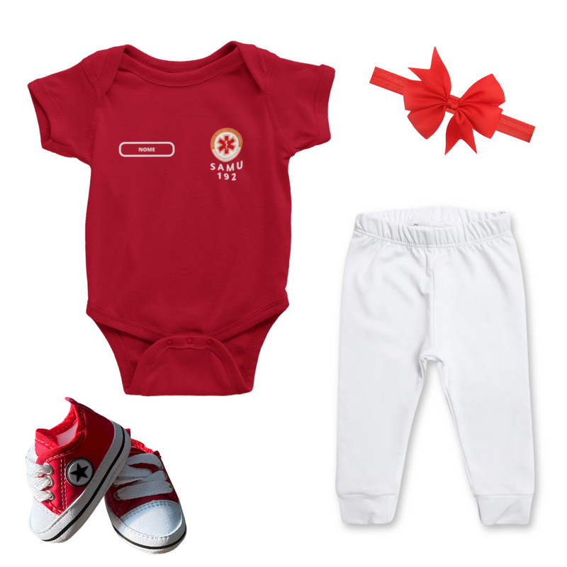 Kit Luxo SAMU Vermelho com Body, Tênis, Calça e Laço (opcional)