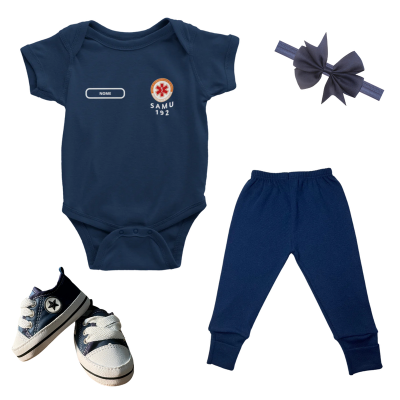 Kit Luxo SAMU Azul com Body, Tênis, Calça e Laço (opcional)