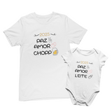 Conjunto Camiseta e Body de Bebê - Paz, Amor e Chopp/ Leite