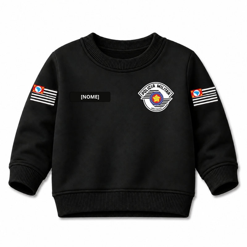 Blusa Moletom Infantil Bebê Gola Careca Preto Tema Polícia Militar PM Personalizado com Nome