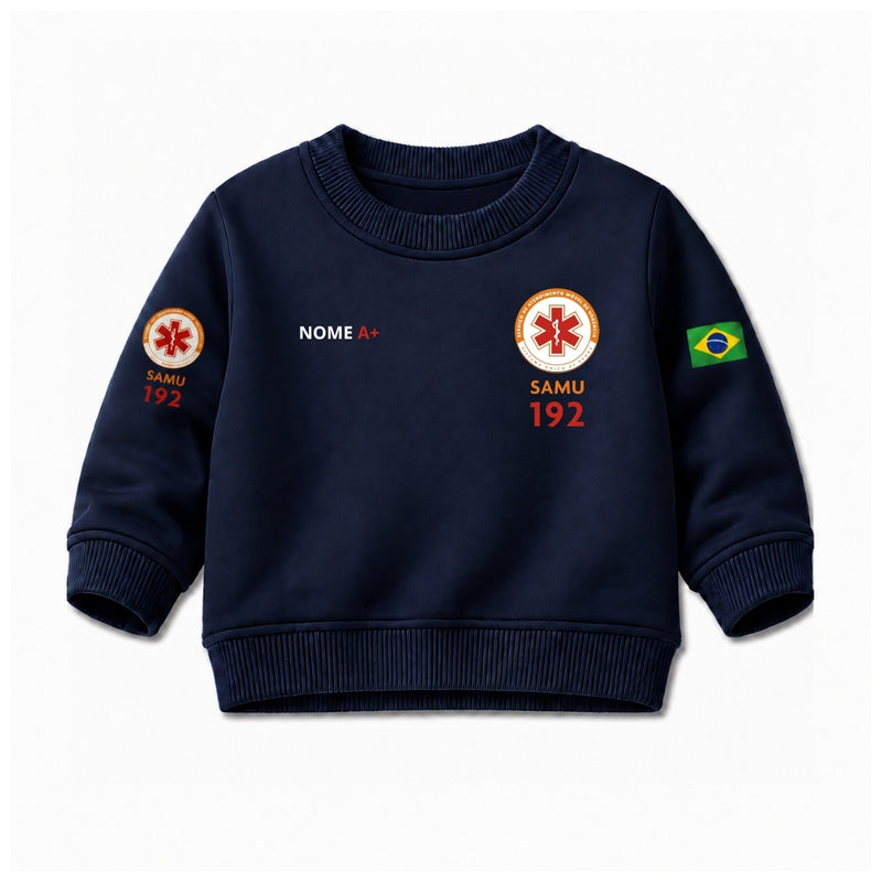 Blusa Moletom Infantil Bebê Gola Careca Marinho Tema SAMU 192 Personalizado com Nome