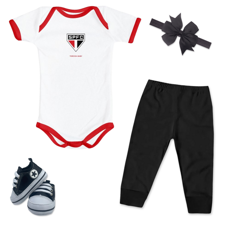 Kit Luxo Body Branco SPFC Com Shorts/Calça e Laço