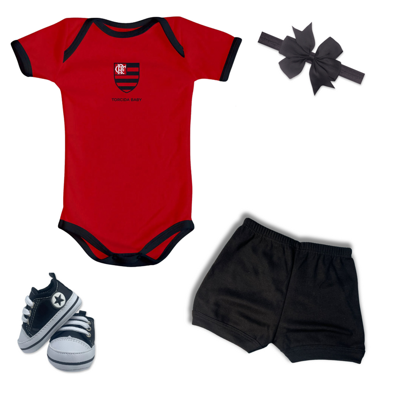Kit Luxo Body Vermelho Flamengo Com Tênis, Shorts/Calça e Laço